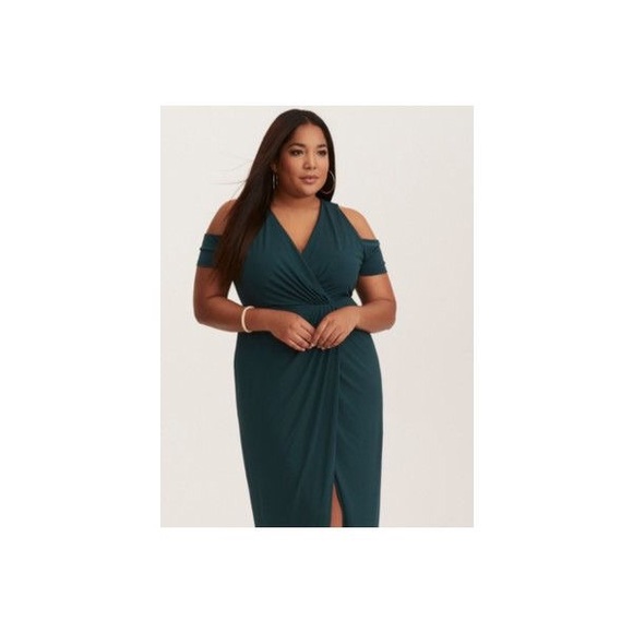 emerald green cold shoulder dress